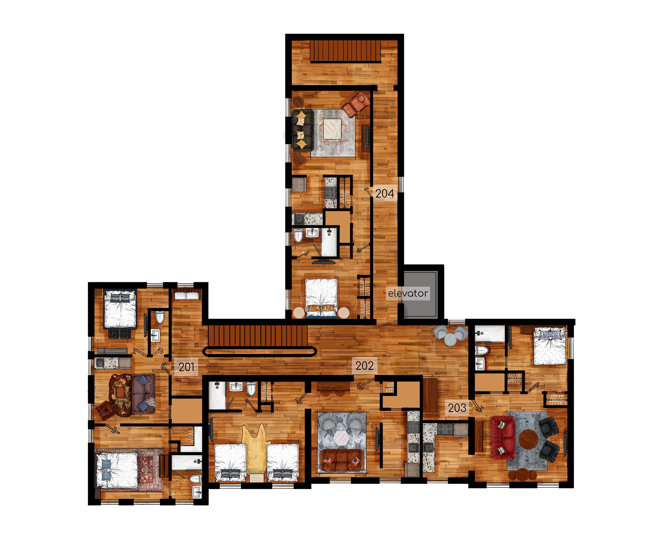 A hotel floor plan with multiple bedrooms, a living area, a dining area, and a bathroom.