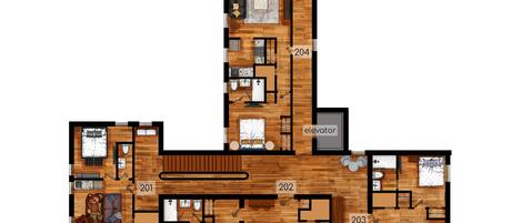 A hotel floor plan with multiple bedrooms, a living area, a dining area, and a bathroom.