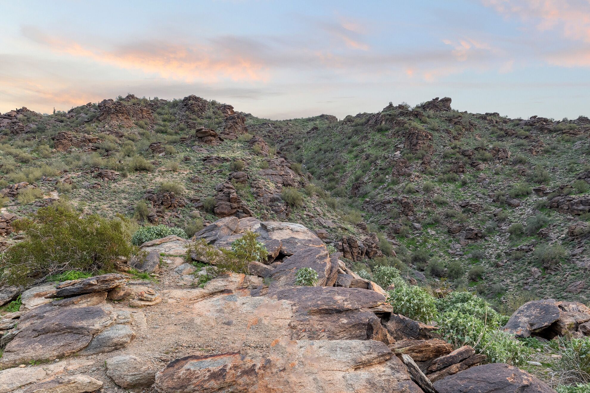 A rugged landscape with rocky terrain and sparse vegetation.