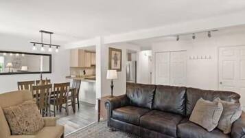 Smart TV, fireplace, books, stereo