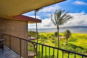 A balcony with a view of a green landscape and a body of water.
