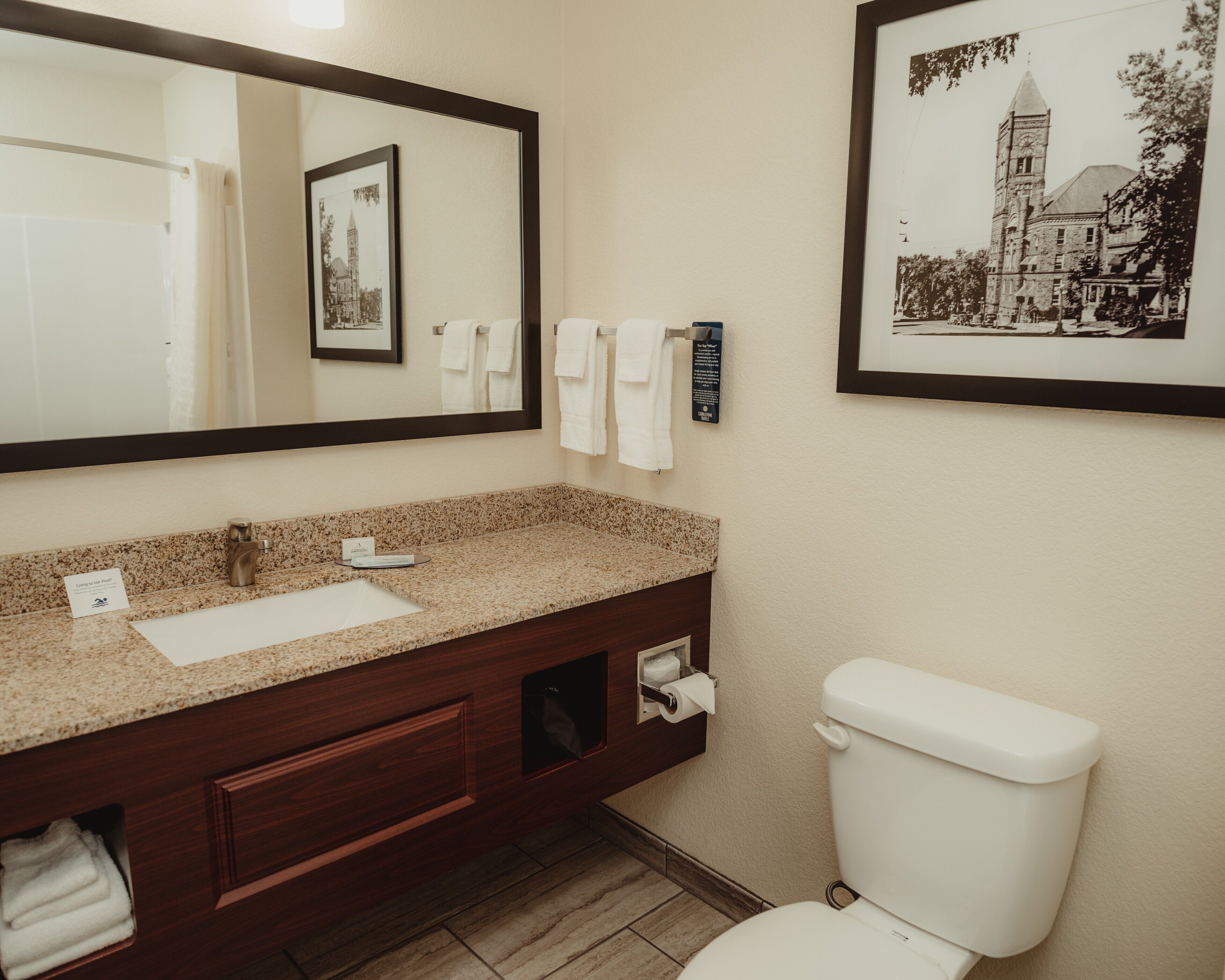 A bathroom with a granite countertop sink, a mirror, a framed picture of a building, and a toilet.