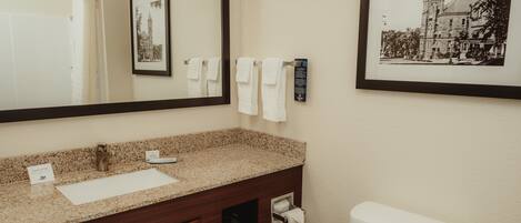 A bathroom with a granite countertop sink, a mirror, a framed picture of a building, and a toilet.