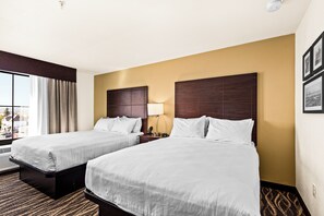 Pillowtop beds, desk, laptop workspace, iron/ironing board