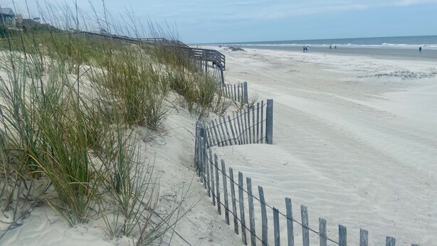 Une plage de sable avec une clôture en bois et de l’herbe au premier plan.