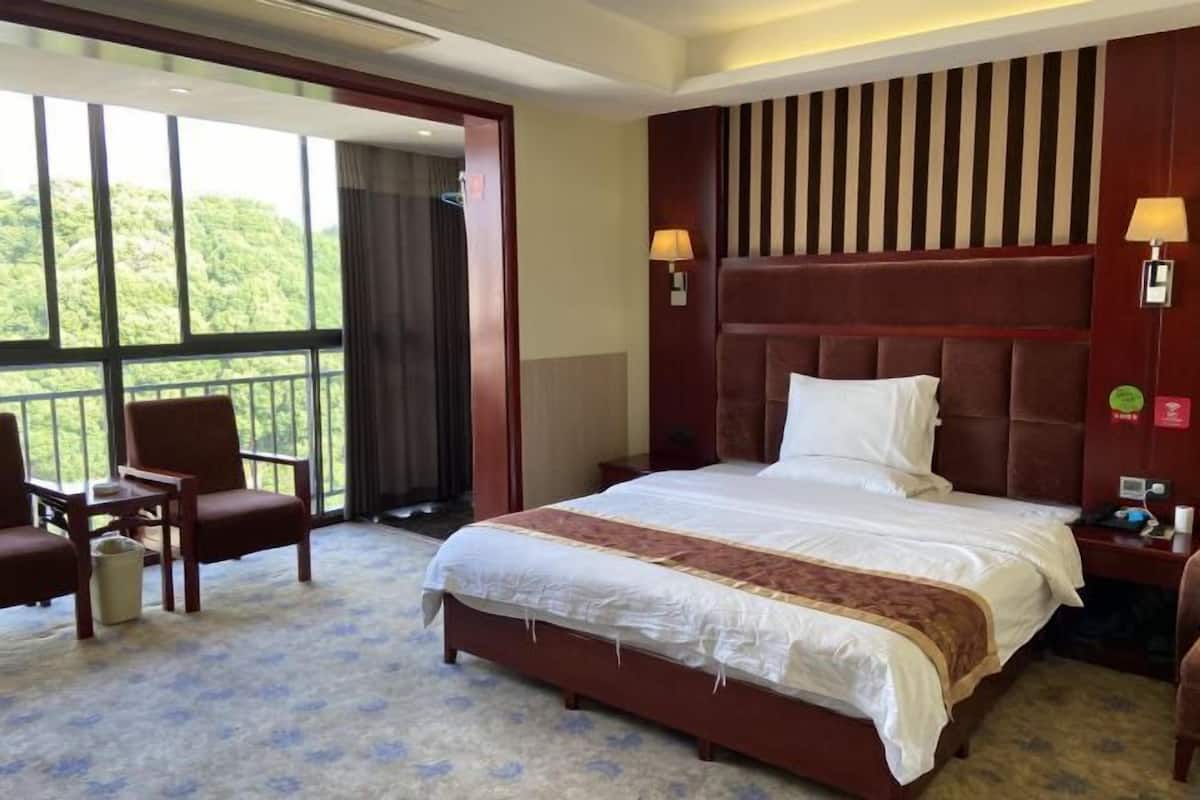 A hotel room with a large bed, two chairs, a nightstand, and a view of greenery through the window.