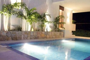 A swimming pool with a stone wall and palm trees. - Paradise Mexico. You want paradise? This is it! (Progreso)