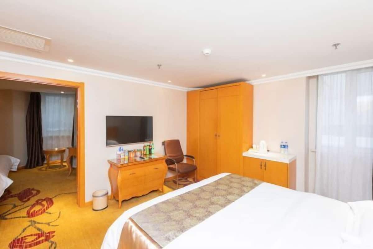 A hotel room with a bed, a desk, a television, a wardrobe, and a bathroom.