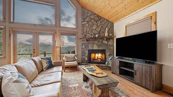 Smart TV, fireplace, video games, DVD player