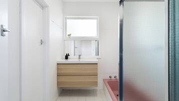 Hair dryer, towels, soap, shampoo
