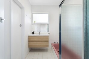 Hair dryer, towels, soap, shampoo