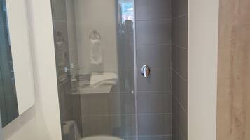 Ducha, cabezal de ducha tipo lluvia, jabón, papel higiénico