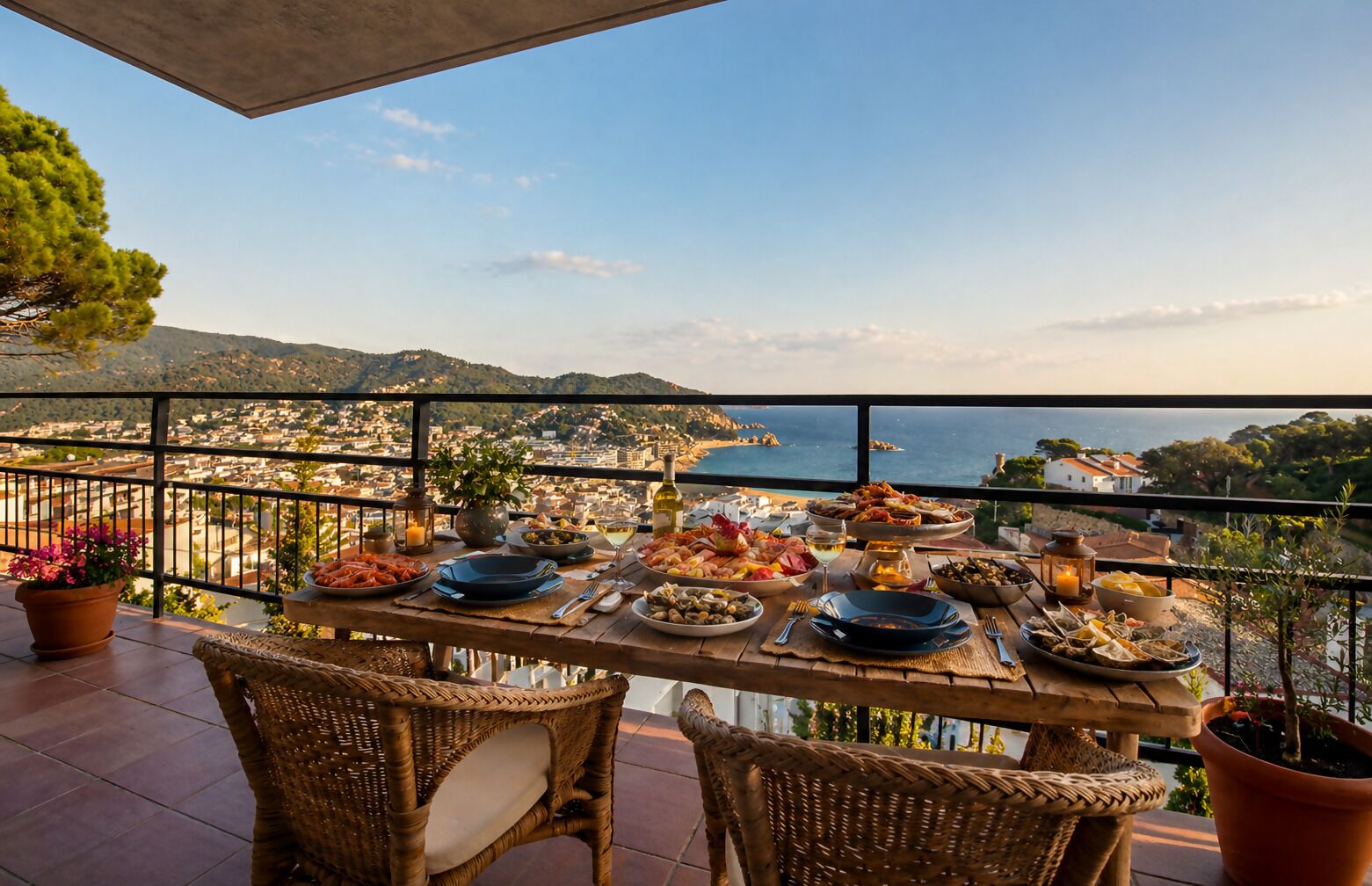 A balcony with a table set for a meal, overlooking a coastal town and the sea.
