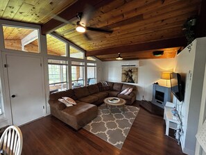 Smart TV, fireplace, video games, DVD player