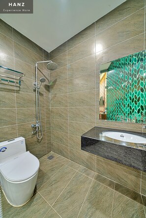 Shower, hydromassage showerhead, hair dryer, towels