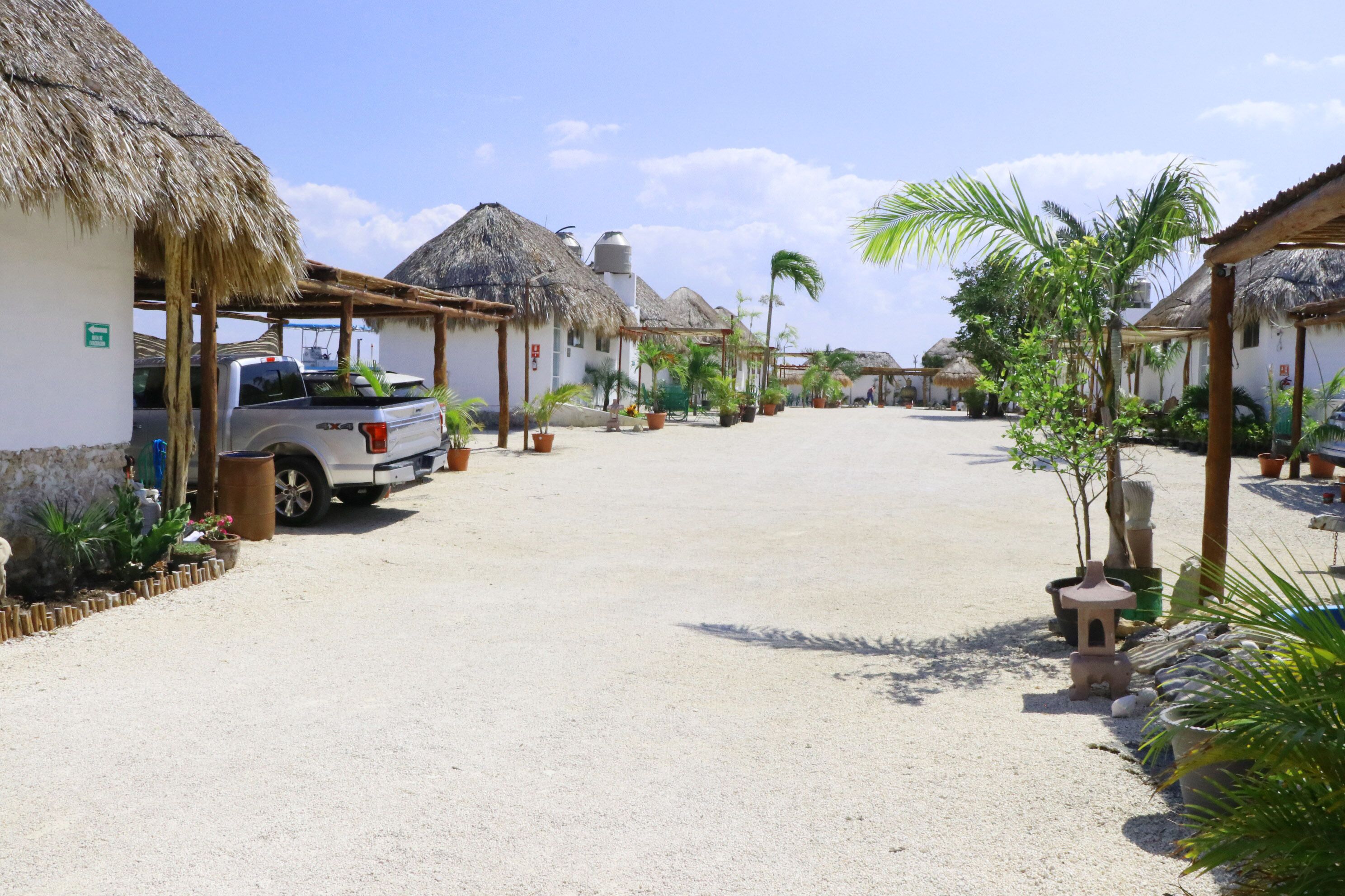 A beachfront property with thatched-roof huts, a sandy street, and potted plants.