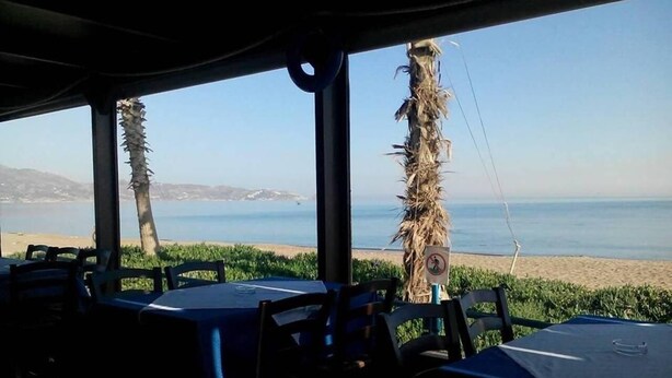 Ein Blick ins Restaurantinnere mit Tischen und Stühlen, die auf einen Strand ausgerichtet sind.