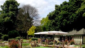 Ein Garten mit einem Pavillon, Wegen und verschiedenen Pflanzen.