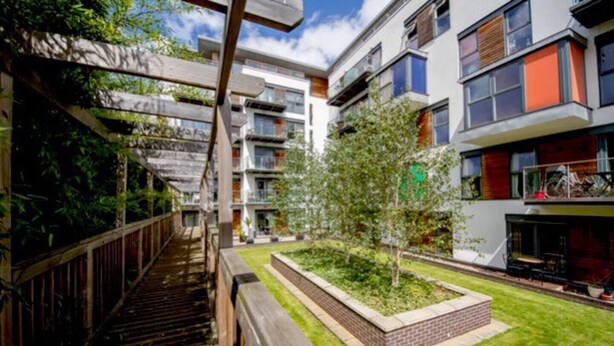 Ein modernes Apartmenthaus mit Holzterrasse und kleinem Garten.