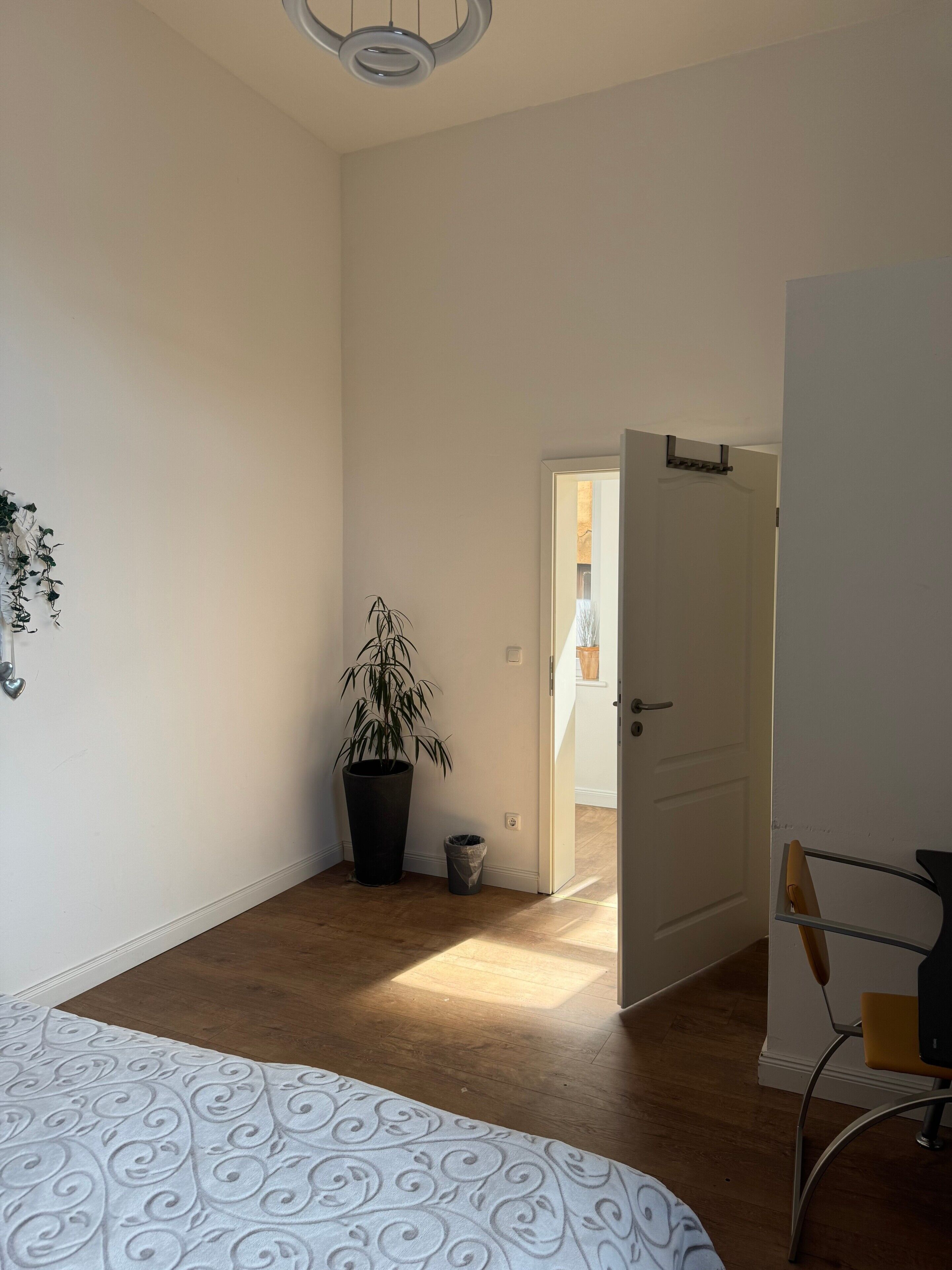 Ein Schlafzimmer mit einem Bett, einer Zimmerpflanze, einem Sessel und einer Tür zu einem anderen Raum.
