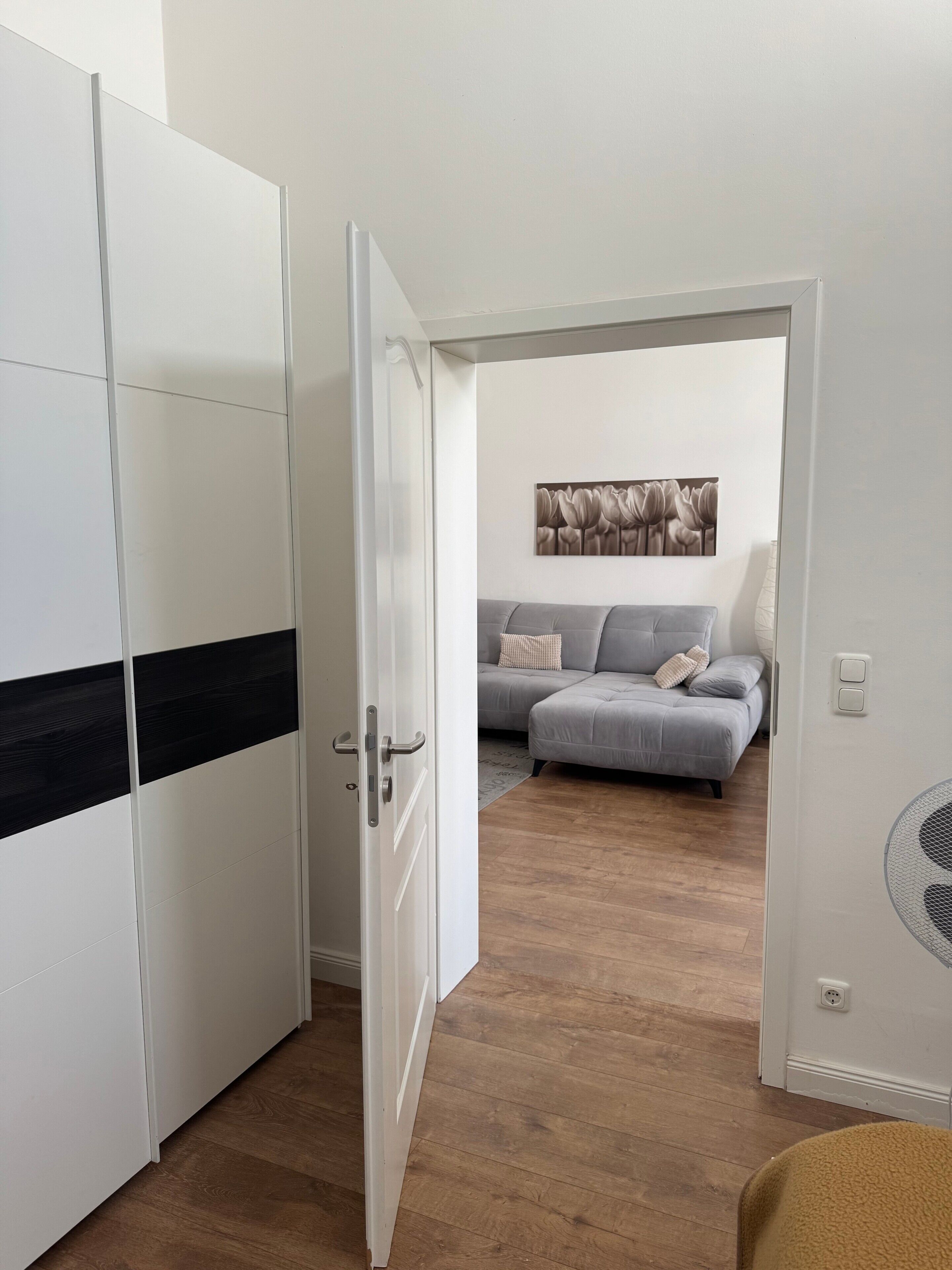 Una habitación con un sofá gris, un cuadro en la pared y un armario blanco con una franja negra.