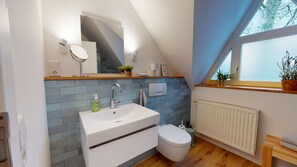 Shower, hair dryer, towels