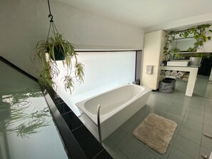 Hair dryer, towels, soap, shampoo