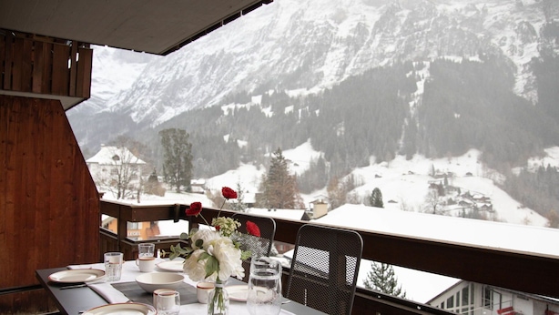 A dining table set with plates, glasses, and a vase with flowers, overlooking a snowy mountain landscape.