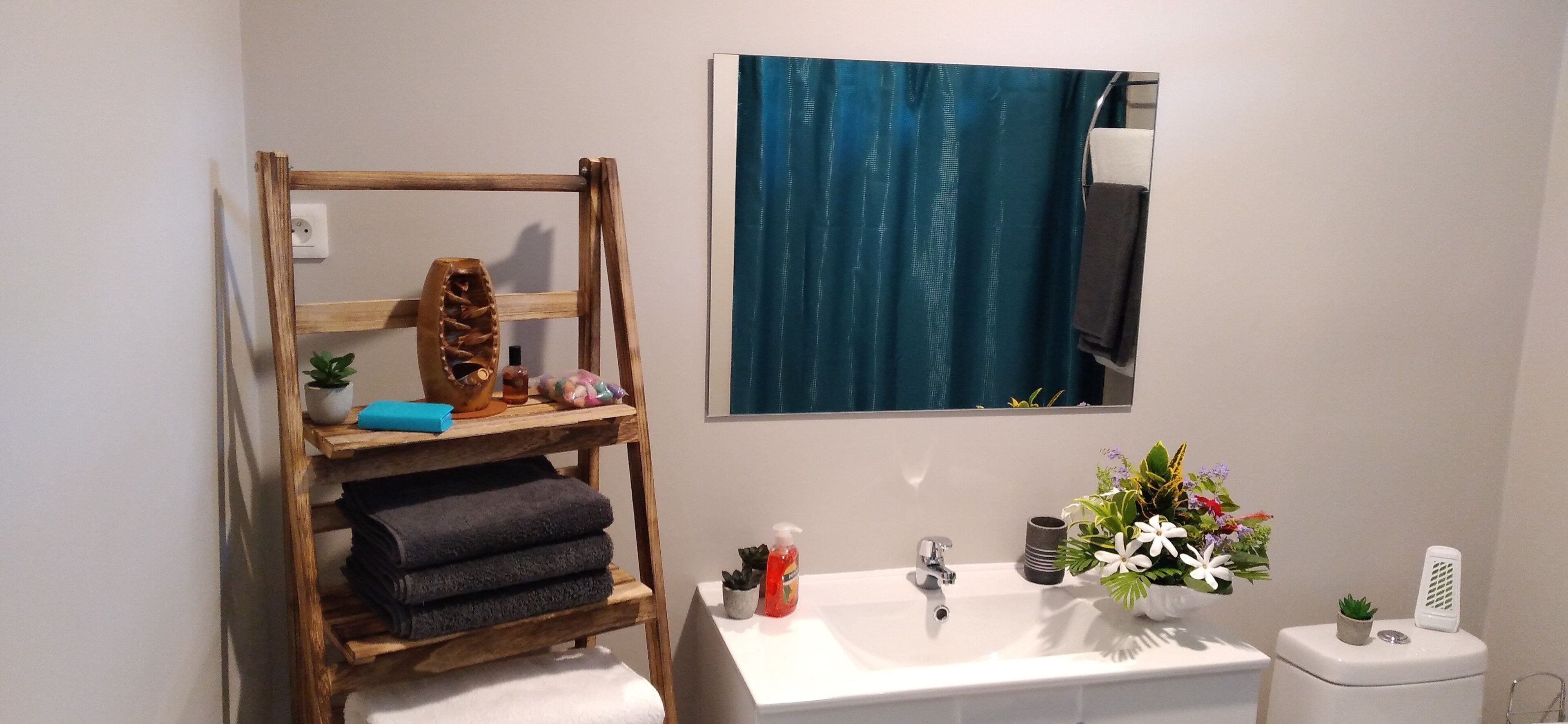 Ein Badezimmer mit einem Holzboden, Handtüchern, einem Spiegel, einem Waschbecken mit Pflegeprodukten und einer kleinen Pflanze.