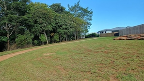 A grassy yard with a dirt path, trees, and a building with a sloped roof.