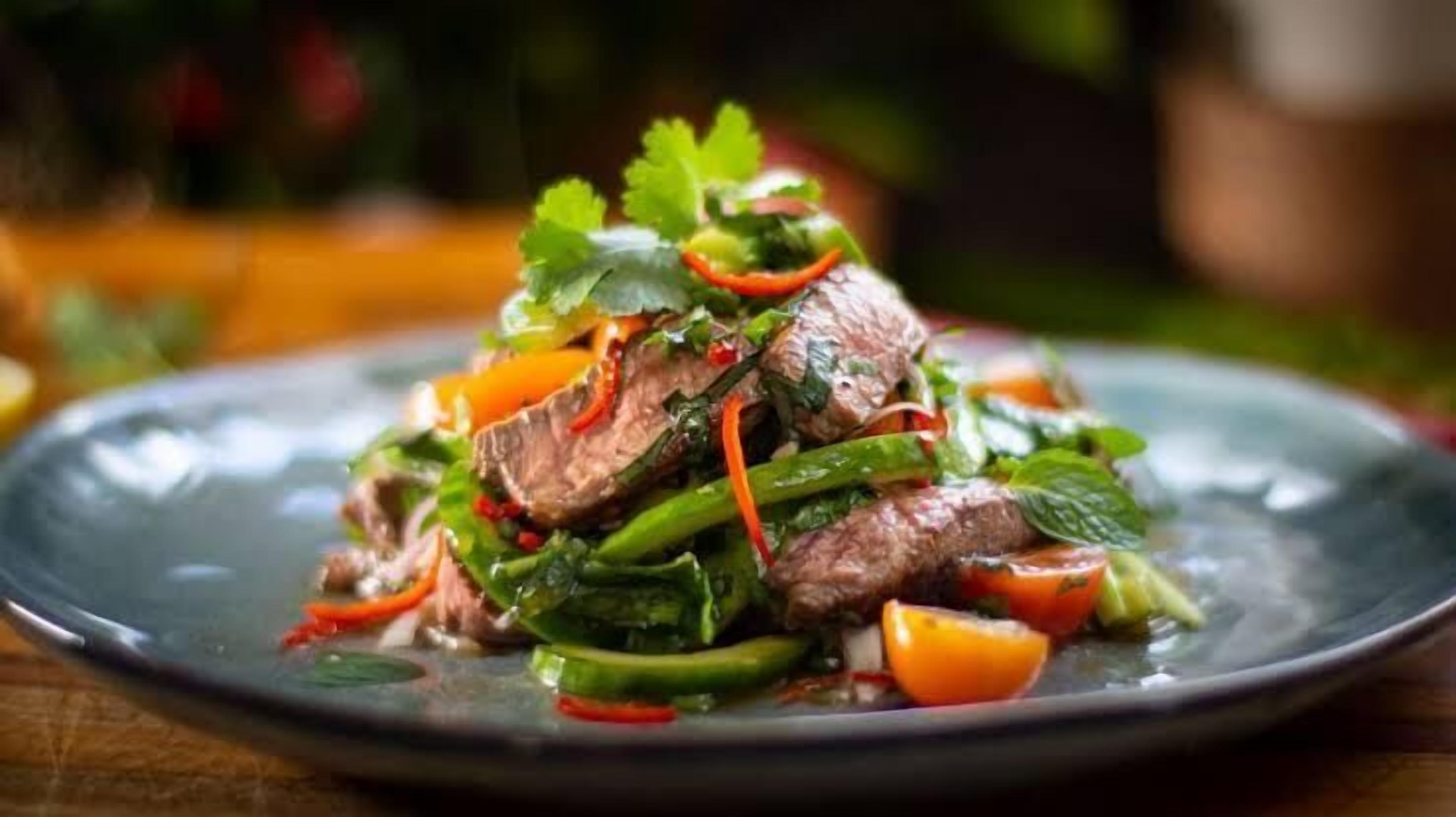 A plate of sliced meat with vegetables and herbs.