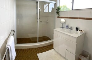 Une salle de bain avec une douche à parois de verre, des murs recouverts de carreaux blancs, un meuble-lavabo blanc avec un miroir et une petite plante en pot.