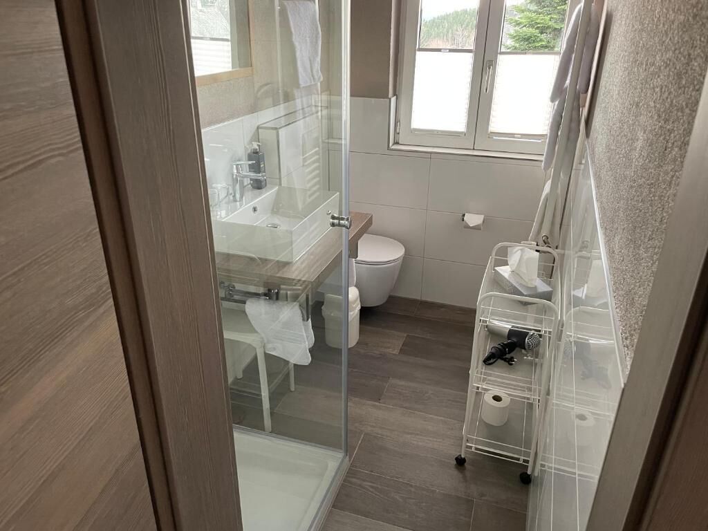 A bathroom with a glass shower enclosure, a toilet, a sink with a mirror, and a storage cart.