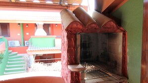 Un horno de ladrillo con una rejilla metálica en su interior, frente a una pared verde.