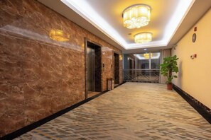A corridor with a patterned carpet, a marble wall, and a potted plant.