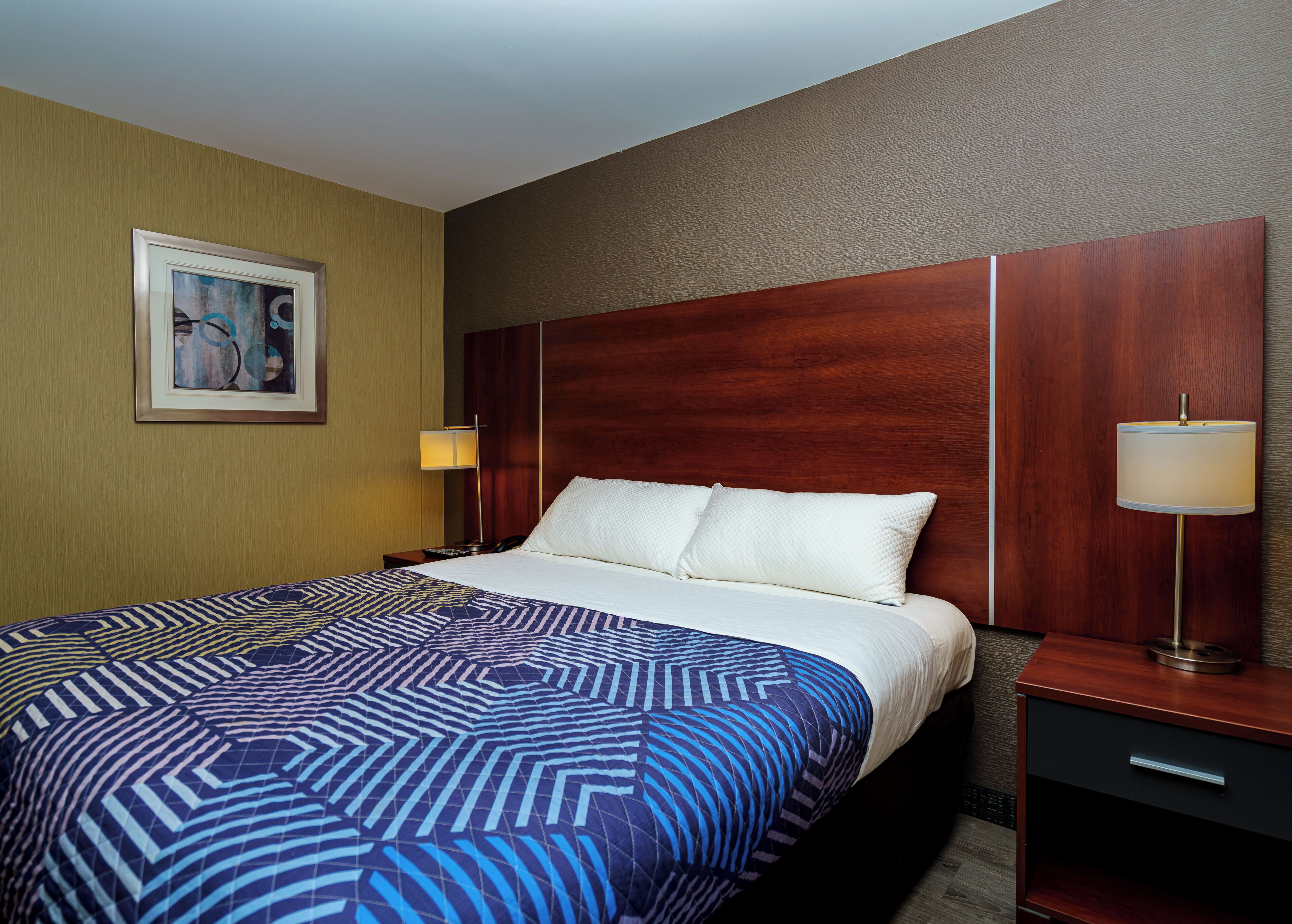 Una habitación de hotel con una cama grande, dos mesitas de noche con lámparas, un cuadro enmarcado en la pared y una colcha estampada.