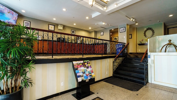 A hotel lobby with a reception desk, a staircase, and a large potted plant. - Sky Hotel Flushing/LaGuardia Airport (Flushing)