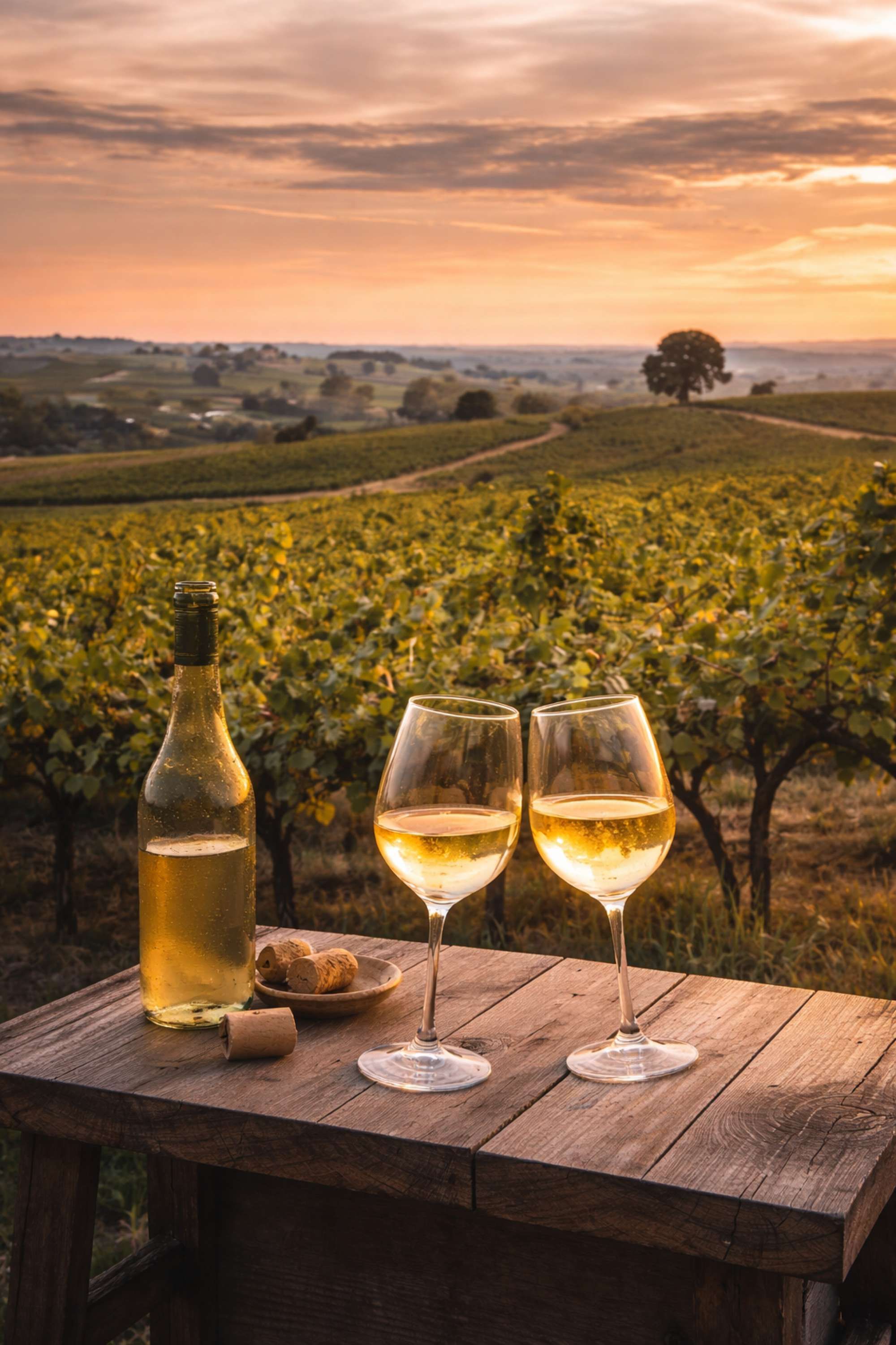 A wooden table with a bottle and two glasses of white wine, set against a vineyard backdrop.