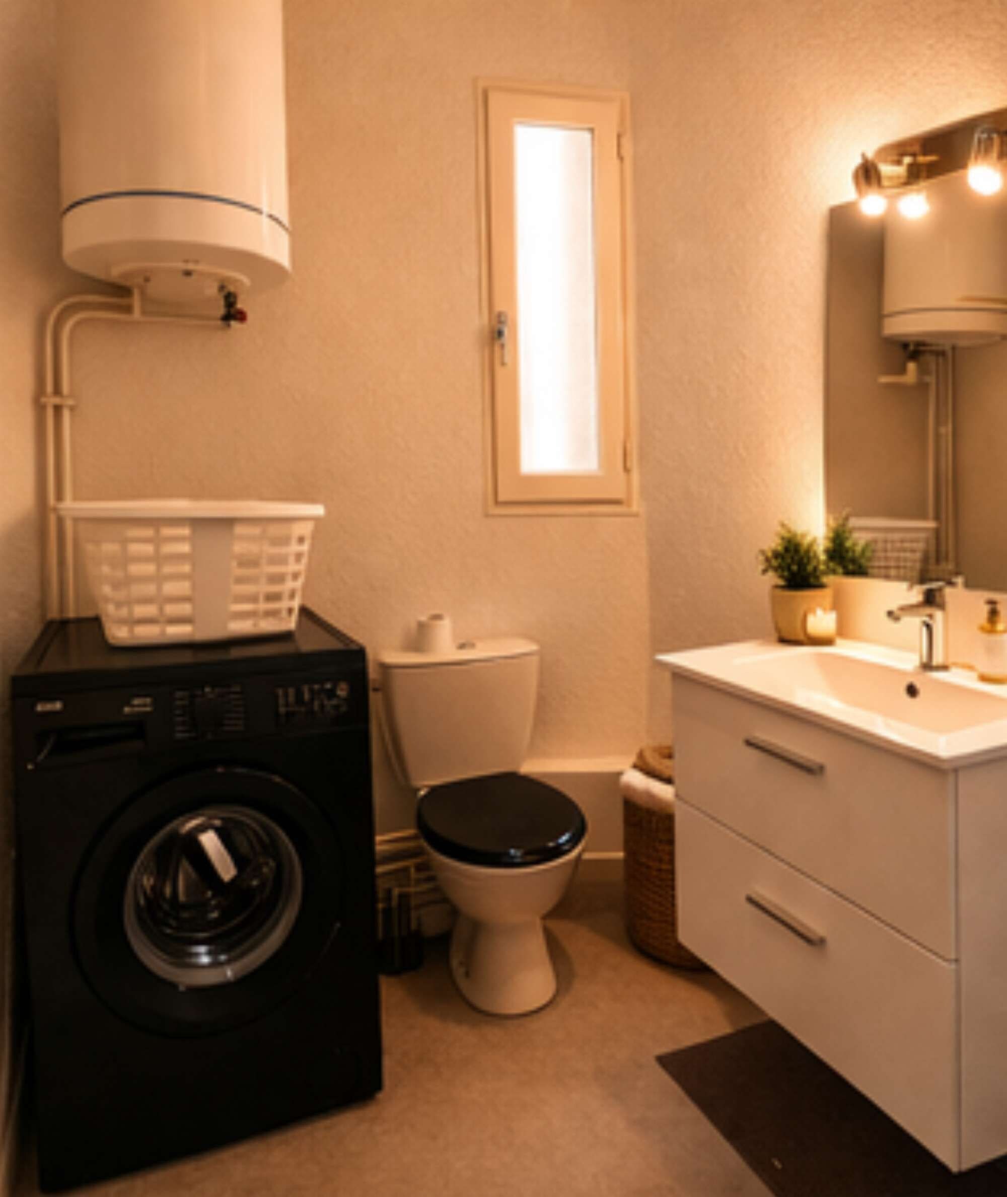 A compact bathroom with a washing machine, toilet, and sink.