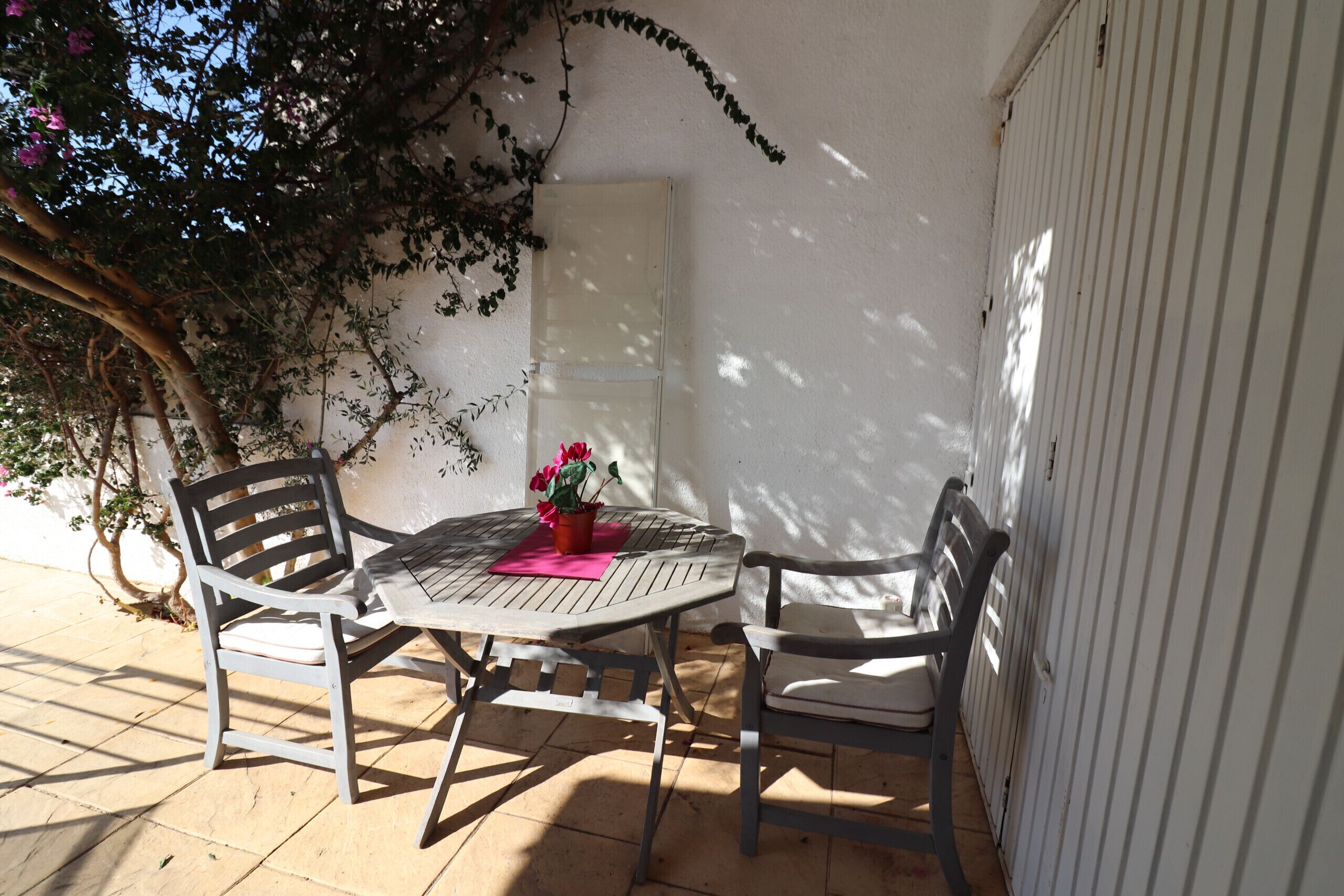 Eine Terrasse mit einem runden Tisch und zwei Stühlen, umgeben von einer weißen Mauer und einem Baum mit hängenden Ranken.