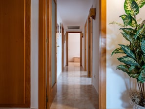 A hallway with wooden doors, a tiled floor, and a potted plant.
