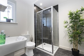 Shower, hydromassage showerhead, towels, toilet paper