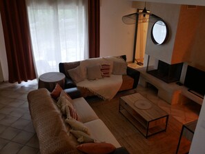 TV, fireplace, books