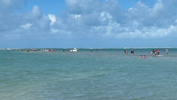 Una playa con gente nadando y caminando en el agua, barcos a lo lejos y un cielo despejado.