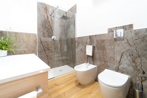 Shower, hair dryer, bidet, towels