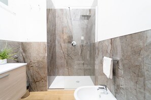 Shower, hair dryer, bidet, towels