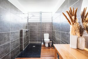 Hair dryer, towels, soap, toilet paper