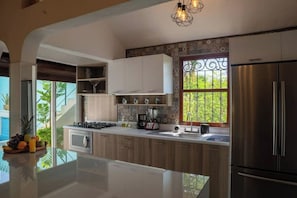 Fridge, microwave, stovetop, coffee/tea maker