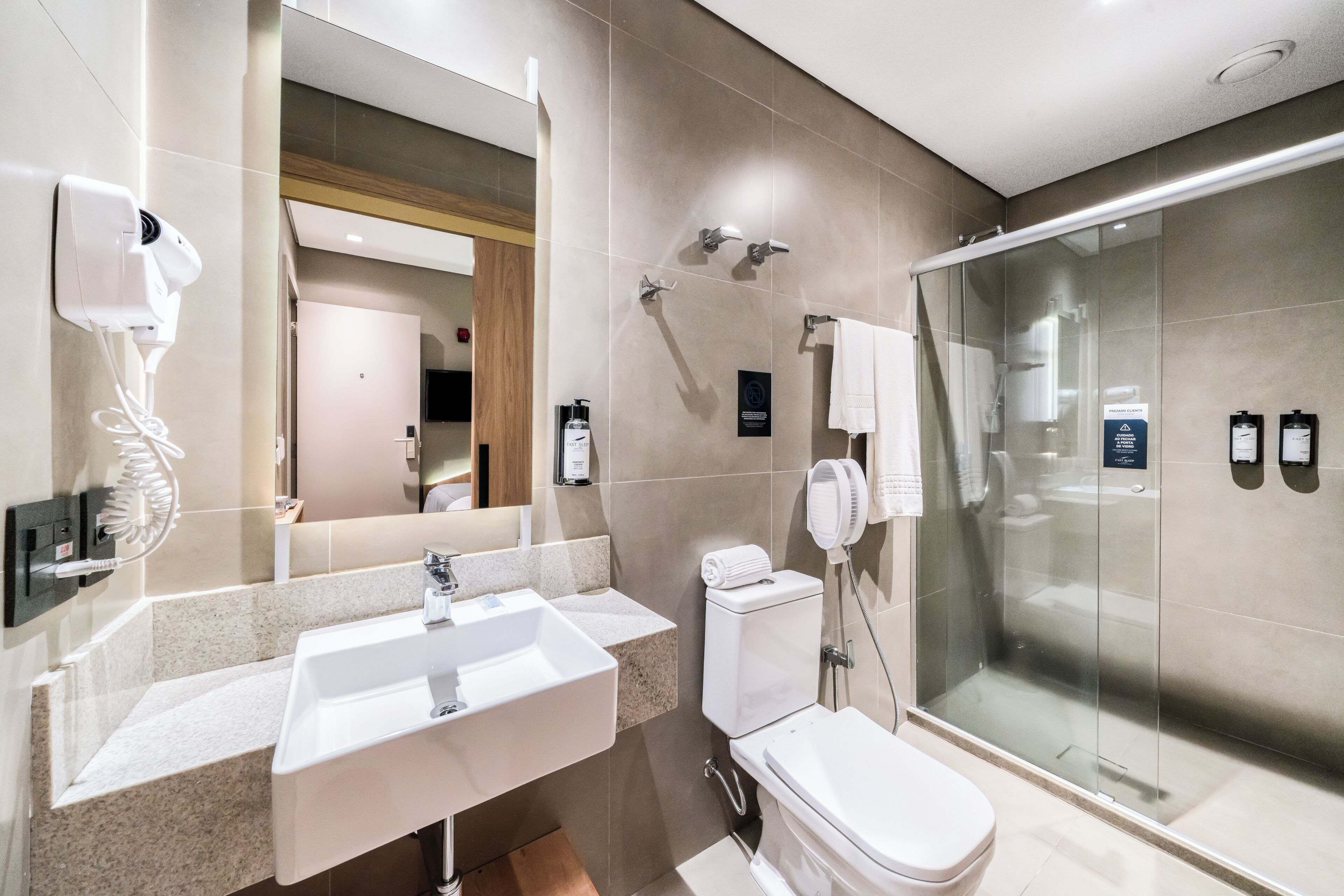 Shower, free toiletries, hair dryer, towels