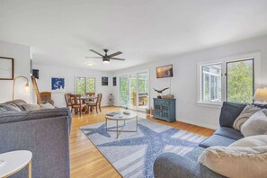 TV, fireplace, books